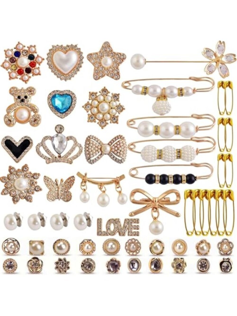 55 Pcs Junk Socks Charms Kit, Gold Brooches and Pins for Women, Pearl and